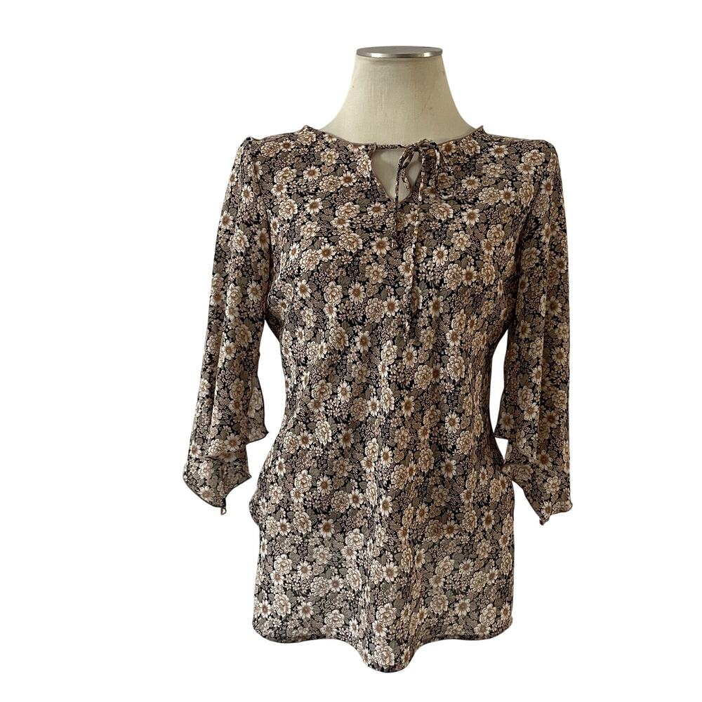 Vtg Y2K 2000s Dark Floral Bell Sleeve Blouse Wmns L Boho Whimsygoth Fairy Grunge
